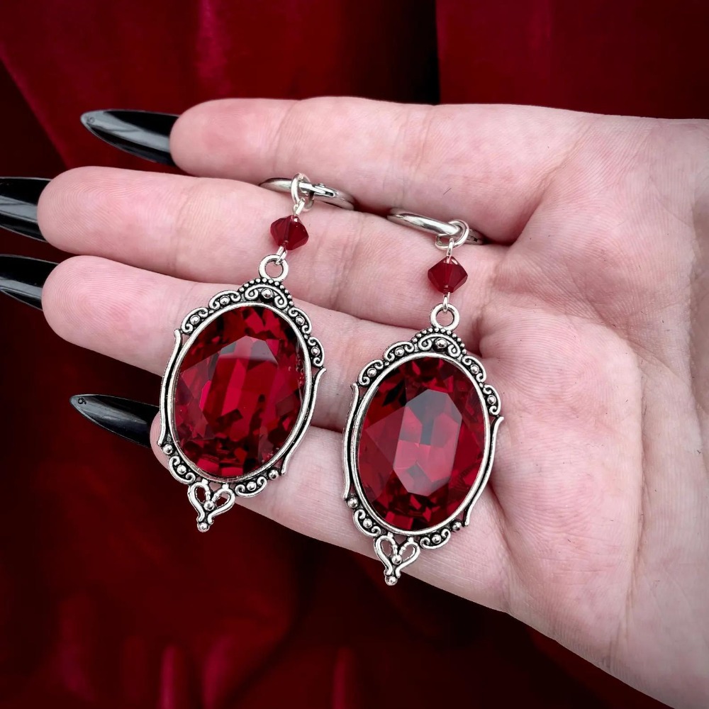 Women'S Victorian Accessories - Anting Hoop Kristal Hitam Merah Oval