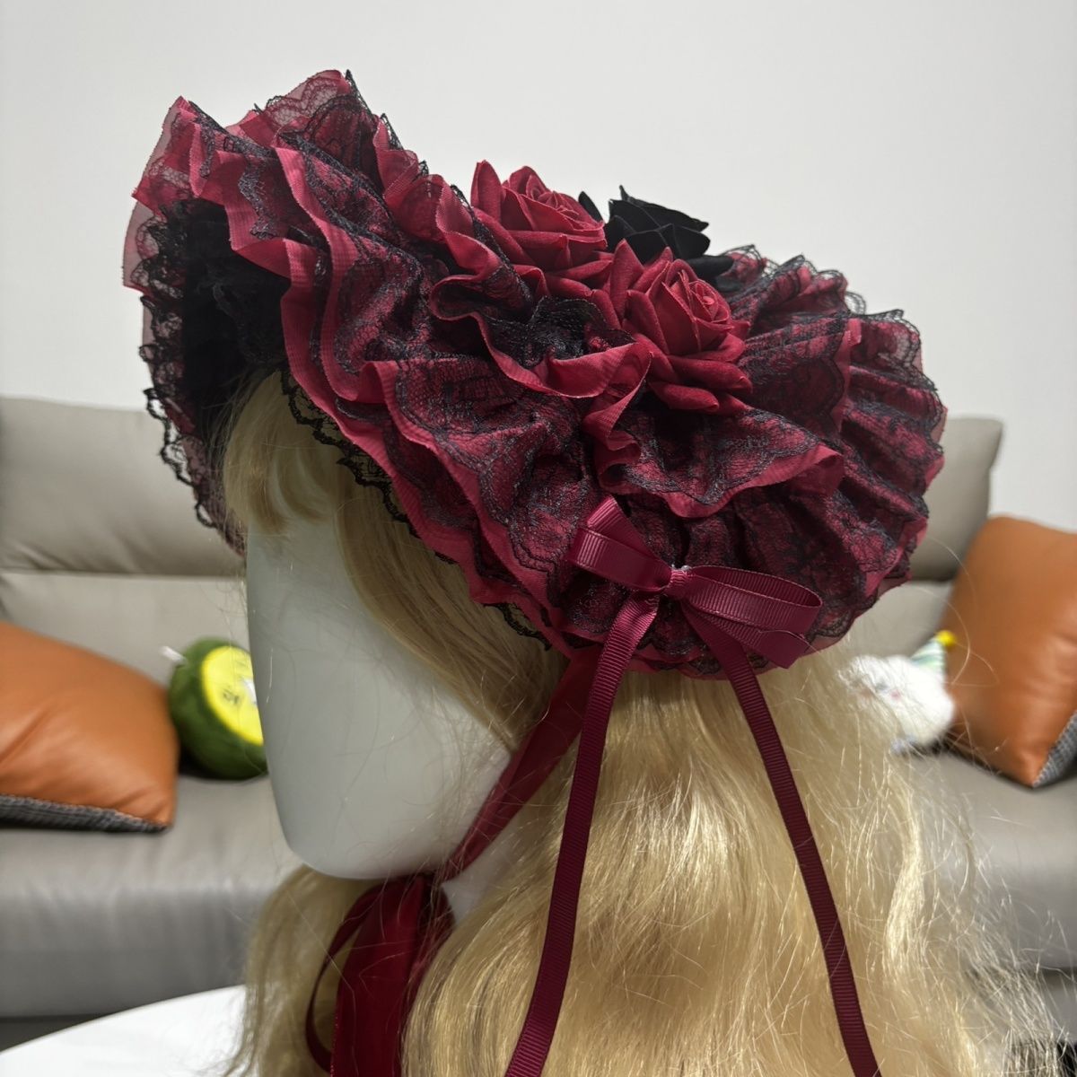 Women'S Victorian Era Accessories - Topi Bonnet Gotik Asli Hitam Merah